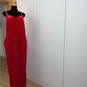 Women’s Red Velvet Sleeveless Jumpsuit with Gathered Waist Plus Size